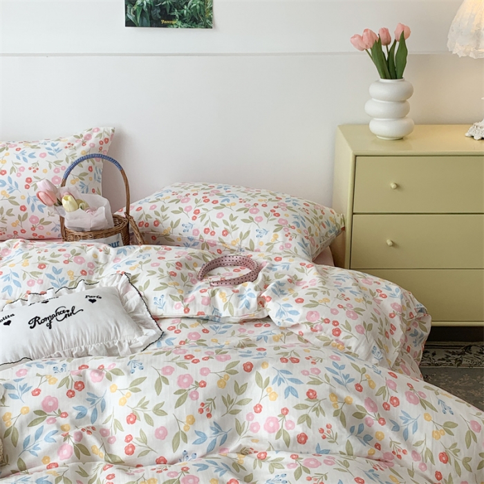 91家纺网 家纺一手货源 找家纺 昔可家纺 2023新款普通款全棉有氧双层纱四件套 夏奈小花