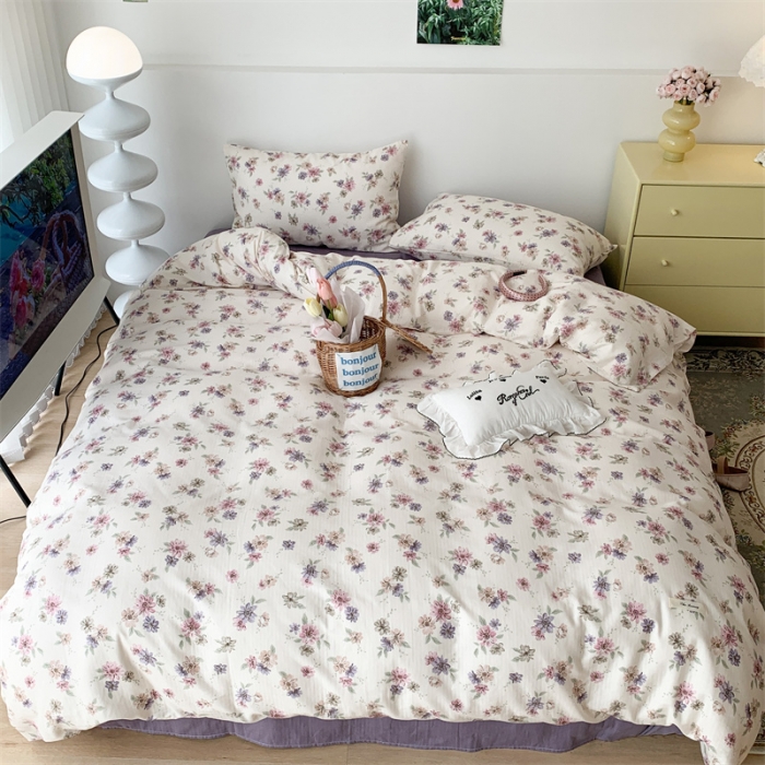 91家纺网 家纺一手货源 找家纺 昔可家纺 2023新款普通款全棉有氧双层纱四件套 烟紫罗蔓