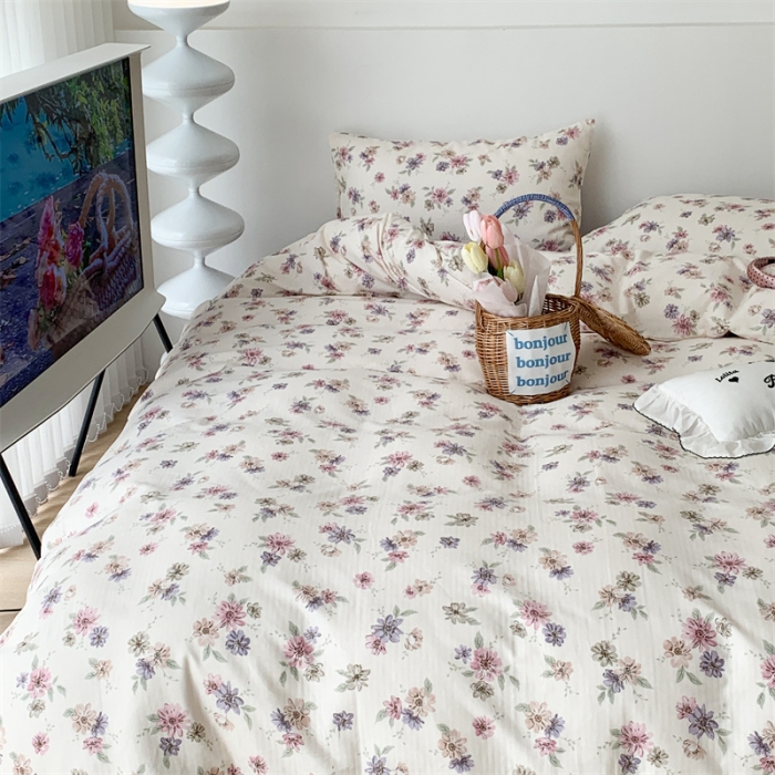 91家纺网 家纺一手货源 找家纺 昔可家纺 2023新款普通款全棉有氧双层纱四件套 烟紫罗蔓