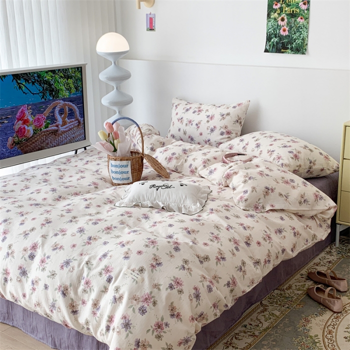 91家纺网 家纺一手货源 找家纺 昔可家纺 2023新款普通款全棉有氧双层纱四件套 烟紫罗蔓