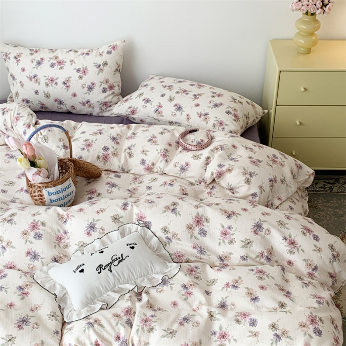 91家纺网 家纺一手货源 找家纺 昔可家纺 2023新款普通款全棉有氧双层纱四件套 烟紫罗蔓