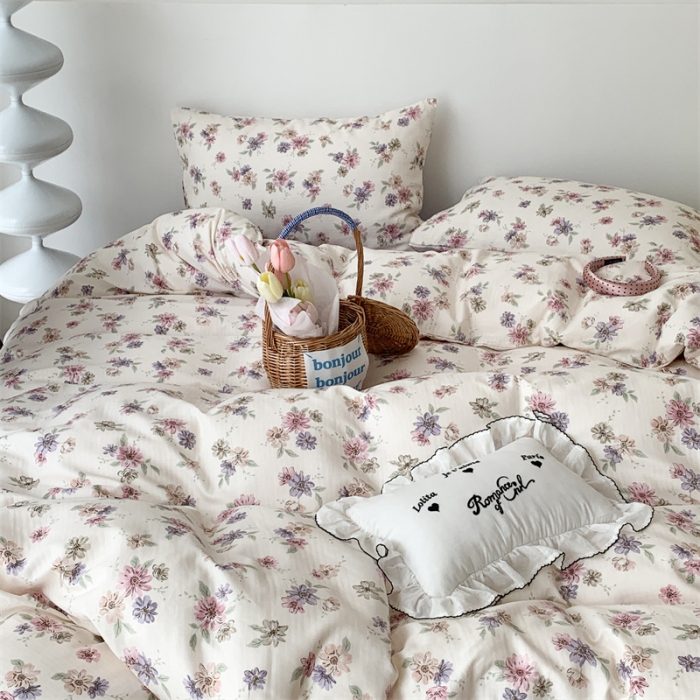 91家纺网 家纺一手货源 找家纺 昔可家纺 2023新款普通款全棉有氧双层纱四件套 烟紫罗蔓