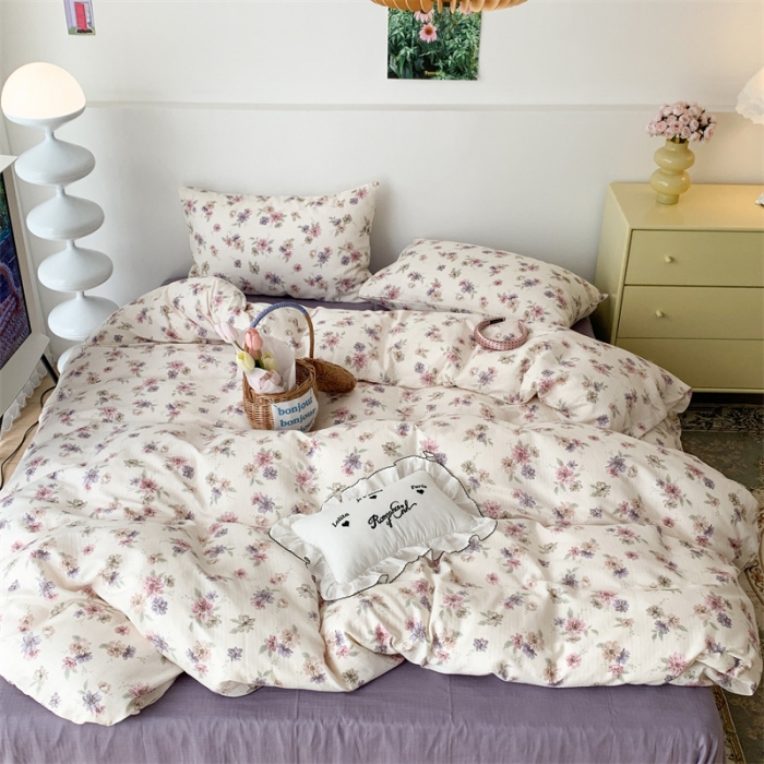 91家纺网 家纺一手货源 找家纺 昔可家纺 2023新款普通款全棉有氧双层纱四件套 烟紫罗蔓