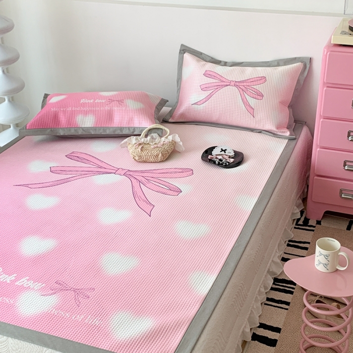 91家纺网 家纺一手货源 找家纺 昔可家纺 2023新款高克重加厚华夫格凉感软席 爱心丝带