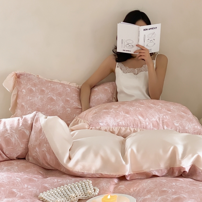 91家纺网 家纺一手货源 找家纺 若未家居 2023新款50S兰精天丝法式床裙款四件套-风格一 夏谧粉