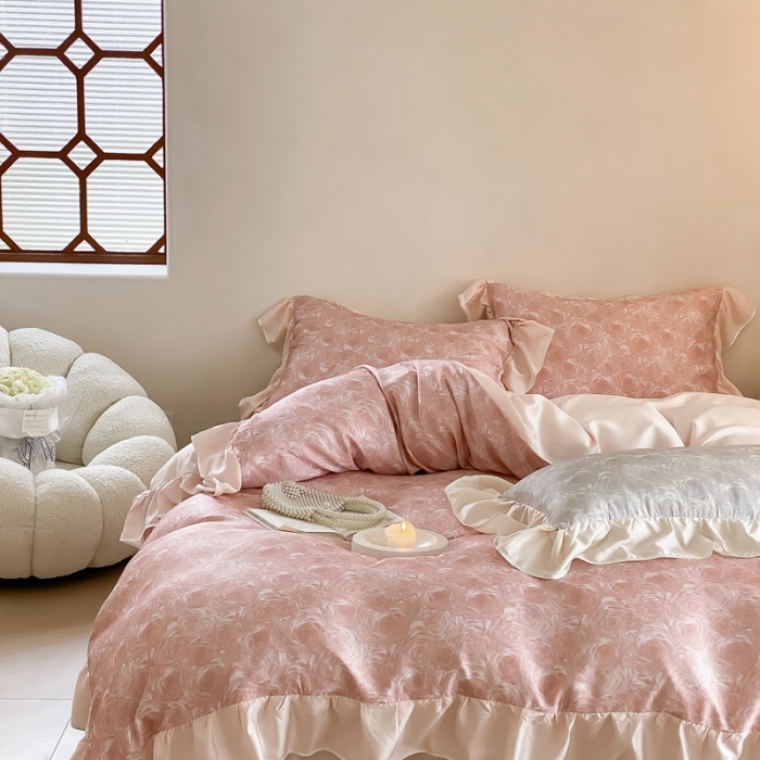 91家纺网 家纺一手货源 找家纺 若未家居 2023新款50S兰精天丝法式床裙款四件套-风格一 夏谧粉