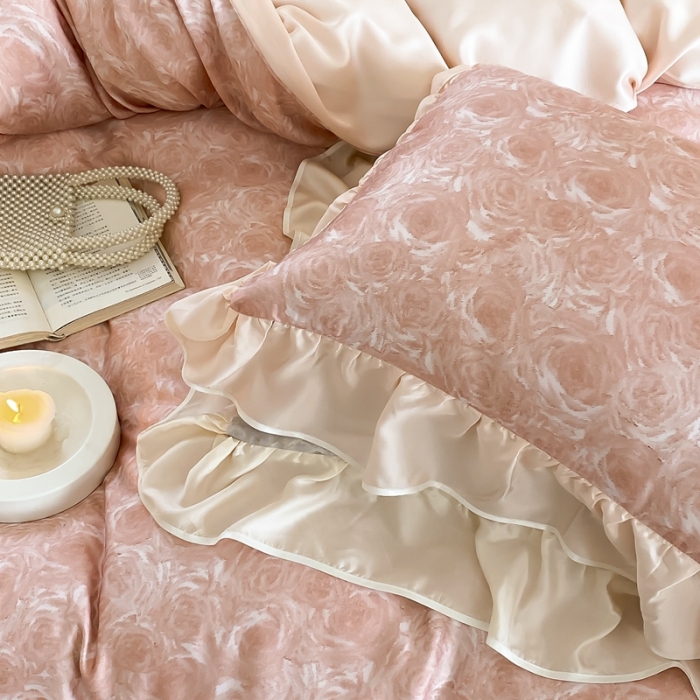 91家纺网 家纺一手货源 找家纺 若未家居 2023新款50S兰精天丝法式床裙款四件套-风格一 夏谧粉