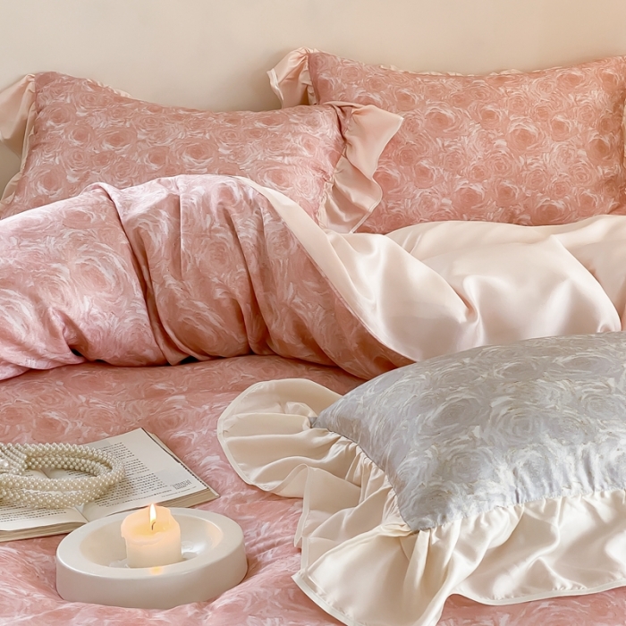 91家纺网 家纺一手货源 找家纺 若未家居 2023新款50S兰精天丝法式床裙款四件套-风格一 夏谧粉