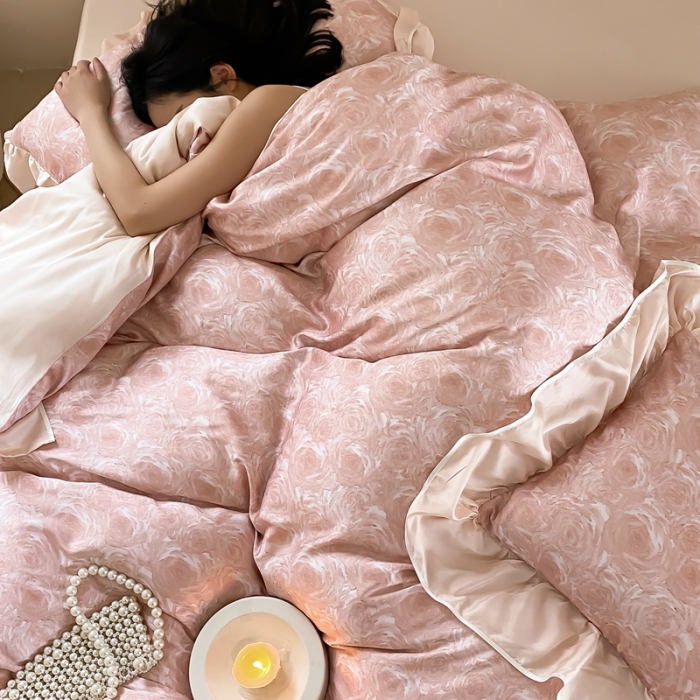 91家纺网 家纺一手货源 找家纺 若未家居 2023新款50S兰精天丝法式床裙款四件套-风格一 夏谧粉