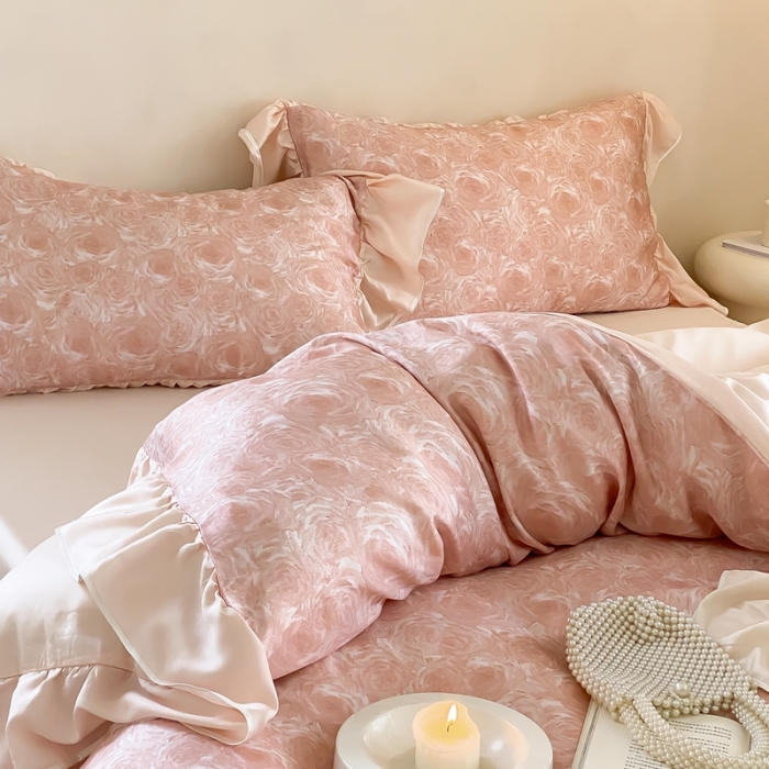 91家纺网 家纺一手货源 找家纺 若未家居 2023新款50S兰精天丝法式床裙款四件套-风格一 夏谧粉