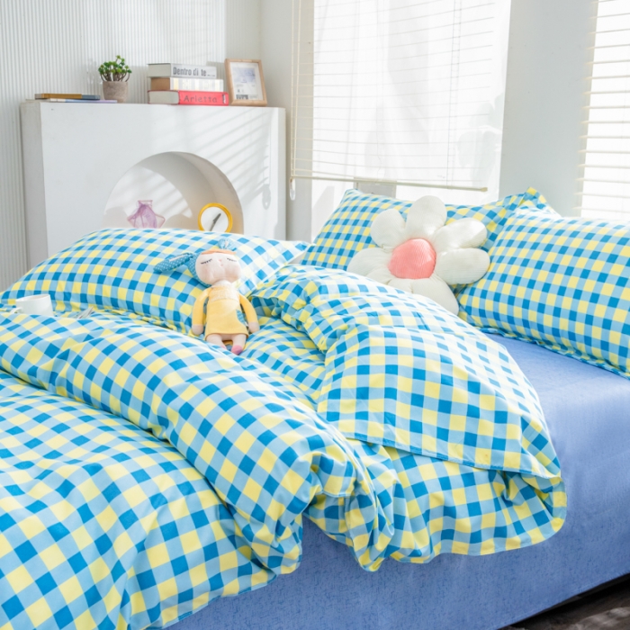 91家纺网 家纺一手货源 找家纺 乐居坊 2023新款芦荟棉四件套（5月份新花型） 蓝黄格