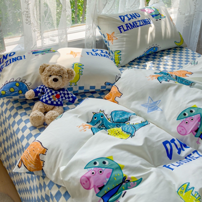 91家纺网 家纺一手货源 找家纺 感遇家纺 2023新款小猪佩奇系列全棉印花四件套 乔智恐龙