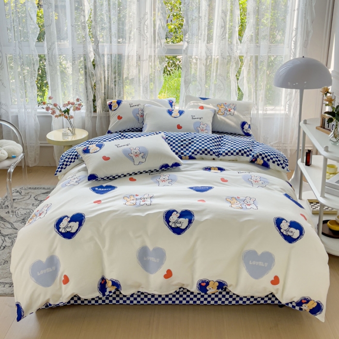 91家纺网 家纺一手货源 找家纺 感遇家纺 2023新款全棉印花四件套 蓝小兔