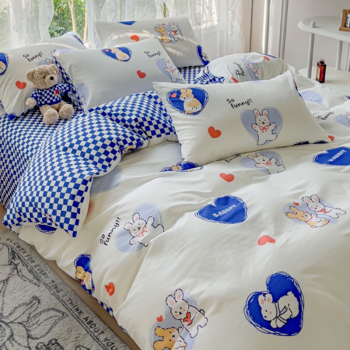 91家纺网 家纺一手货源 找家纺 感遇家纺 2023新款全棉印花四件套 蓝小兔