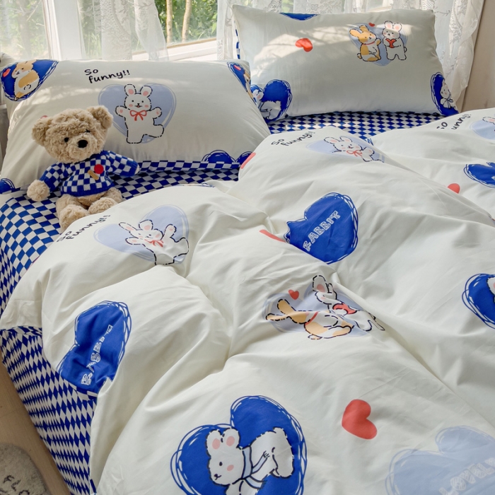 91家纺网 家纺一手货源 找家纺 感遇家纺 2023新款全棉印花四件套 蓝小兔