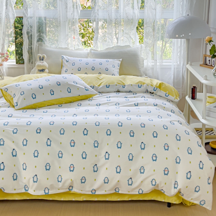 91家纺网 家纺一手货源 找家纺 感遇家纺 2023新款全棉印花四件套 肥仔企鹅