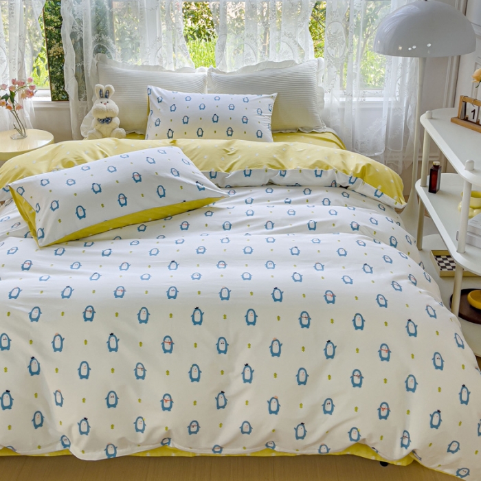 91家纺网 家纺一手货源 找家纺 感遇家纺 2023新款全棉印花四件套 肥仔企鹅