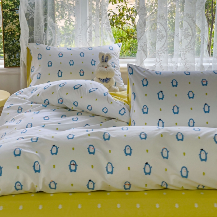 91家纺网 家纺一手货源 找家纺 感遇家纺 2023新款全棉印花四件套 肥仔企鹅