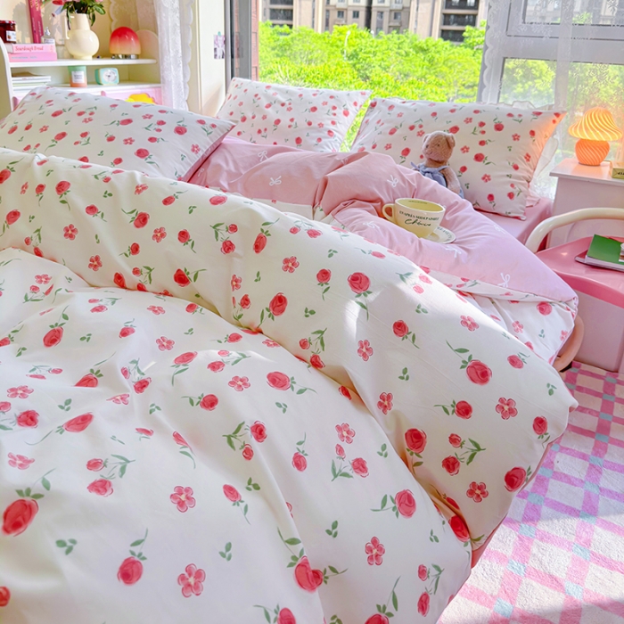 91家纺网 家纺一手货源 找家纺 呗旺鹿 2023新款13372全棉纯棉印花四件套直播款 粉樱