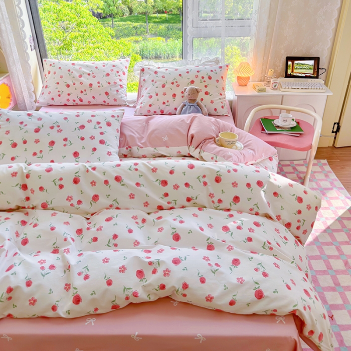 91家纺网 家纺一手货源 找家纺 呗旺鹿 2023新款13372全棉纯棉印花四件套直播款 粉樱