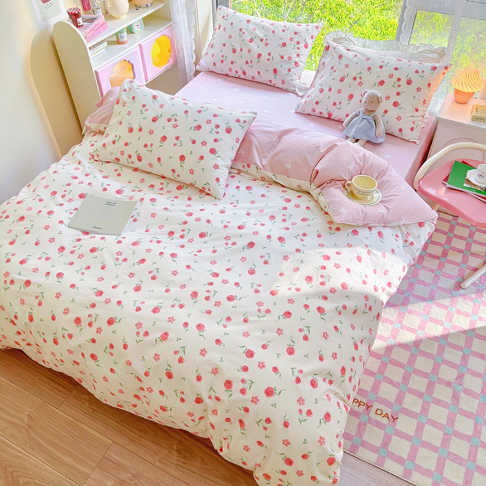 91家纺网 家纺一手货源 找家纺 呗旺鹿 2023新款13372全棉纯棉印花四件套直播款 粉樱