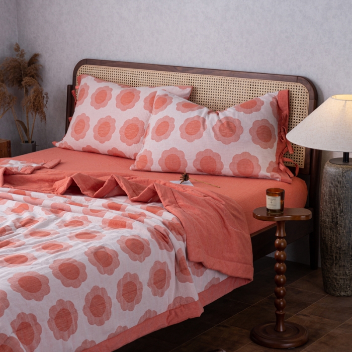 91家纺网 家纺一手货源 找家纺 安莱生活 2023新款 太阳花夏被四件套及单独夏被 太阳花-嫩粉