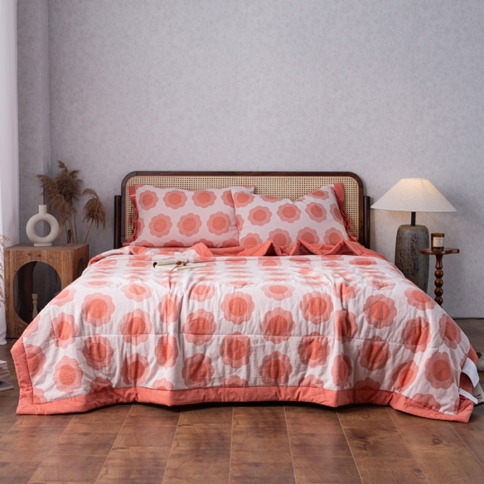 91家纺网 家纺一手货源 找家纺 安莱生活 2023新款 太阳花夏被四件套及单独夏被 太阳花-嫩粉