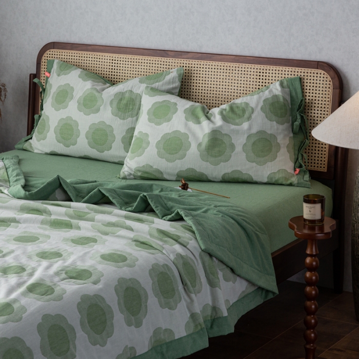 91家纺网 家纺一手货源 找家纺 安莱生活 2023新款 太阳花夏被四件套及单独夏被 太阳花-嫩绿