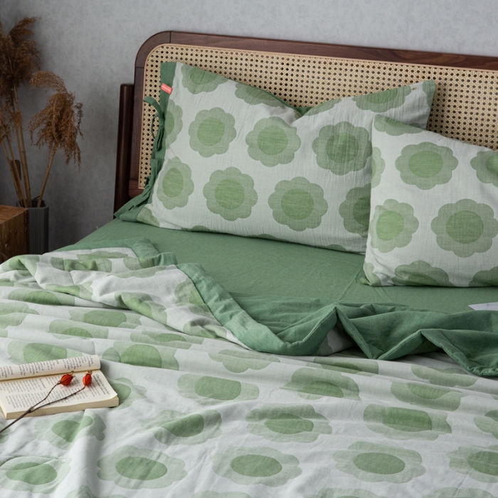 91家纺网 家纺一手货源 找家纺 安莱生活 2023新款 太阳花夏被四件套及单独夏被 太阳花-嫩绿