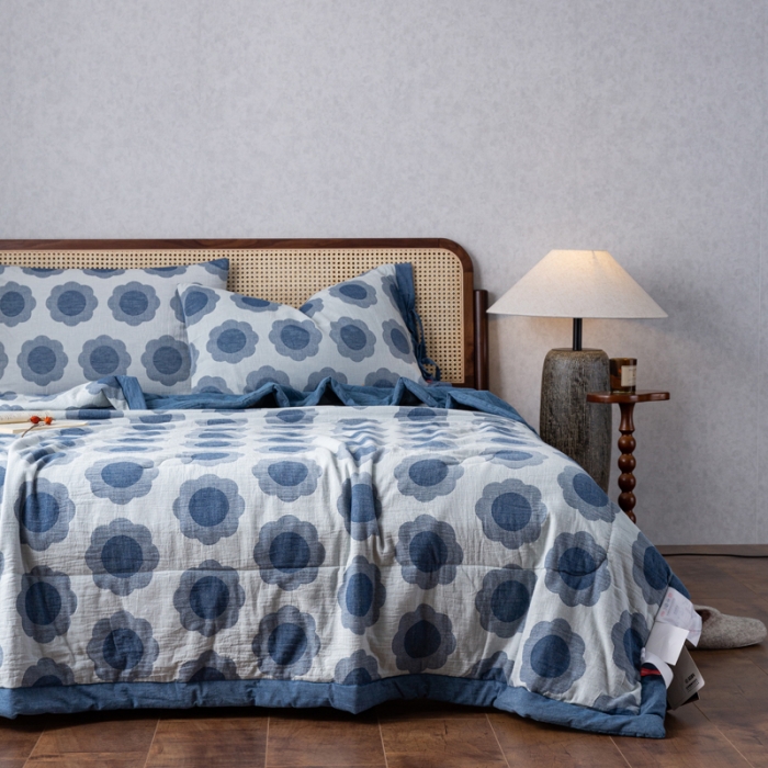 91家纺网 家纺一手货源 找家纺 安莱生活 2023新款 太阳花夏被四件套及单独夏被 太阳花-深蓝