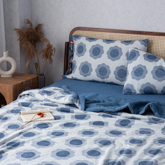 91家纺网 家纺一手货源 找家纺 安莱生活 2023新款 太阳花夏被四件套及单独夏被 太阳花-深蓝