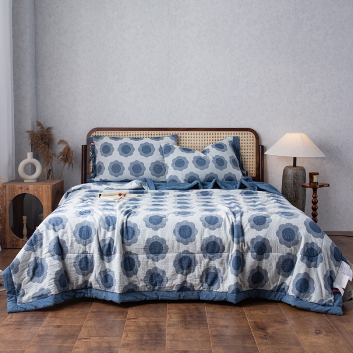 91家纺网 家纺一手货源 找家纺 安莱生活 2023新款 太阳花夏被四件套及单独夏被 太阳花-深蓝