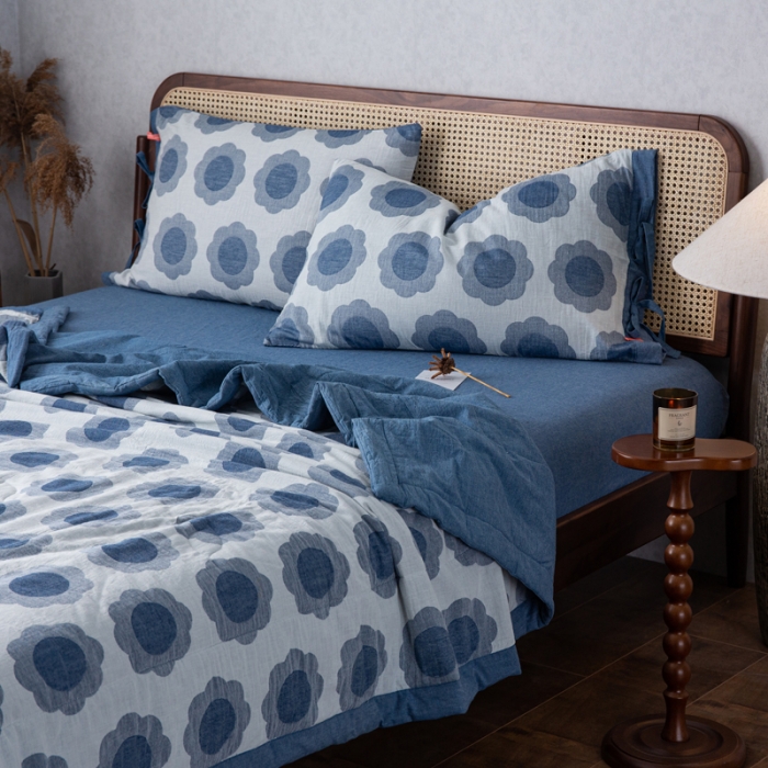 91家纺网 家纺一手货源 找家纺 安莱生活 2023新款 太阳花夏被四件套及单独夏被 太阳花-深蓝