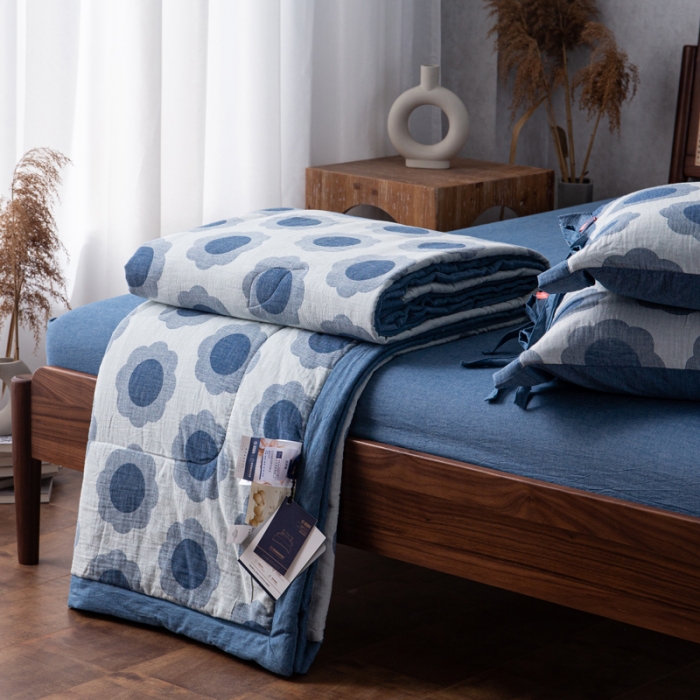 91家纺网 家纺一手货源 找家纺 安莱生活 2023新款 太阳花夏被四件套及单独夏被 太阳花-深蓝