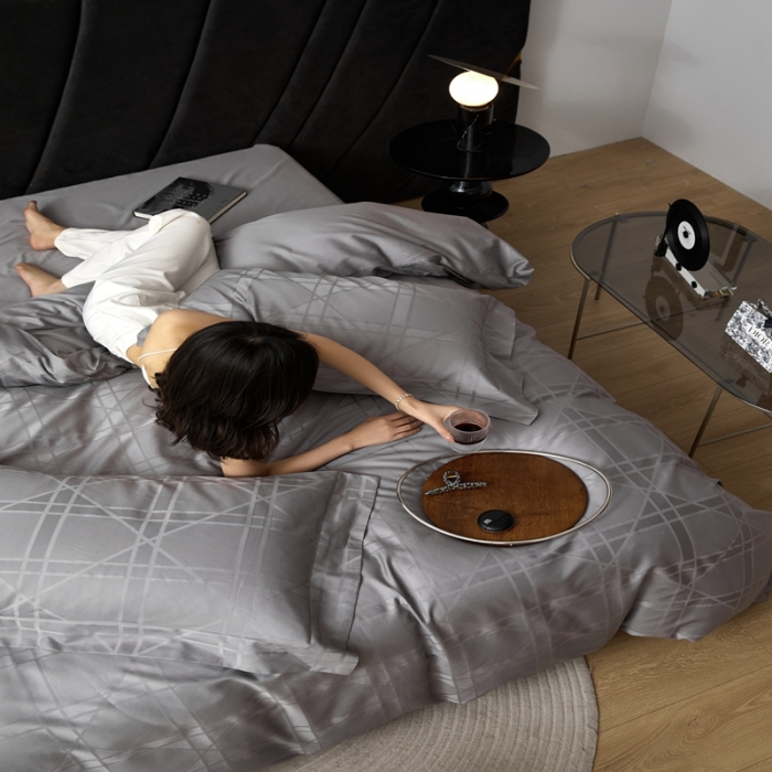 91家纺网 家纺一手货源 找家纺 安莱生活 2023新款 100S纯棉提花四件套 米兰印象-灰