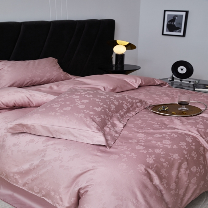 91家纺网 家纺一手货源 找家纺 安莱生活 2023新款 100S纯棉提花四件套 恬静花开-粉