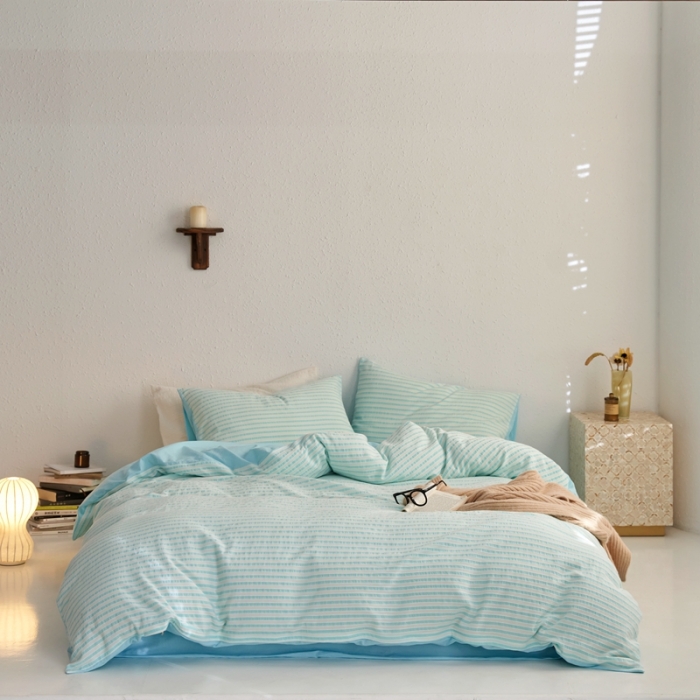 91家纺网 家纺一手货源 找家纺 安莱生活 2023新款 爆款水洗棉提花锦瑟基础款四件套 锦瑟基础款-天蓝