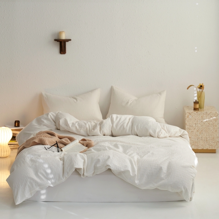 91家纺网 家纺一手货源 找家纺 安莱生活 2023新款 爆款水洗棉提花锦瑟基础款四件套 锦瑟基础款-盐白