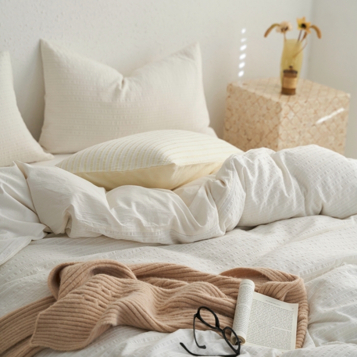 91家纺网 家纺一手货源 找家纺 安莱生活 2023新款 爆款水洗棉提花锦瑟基础款四件套 锦瑟基础款-盐白