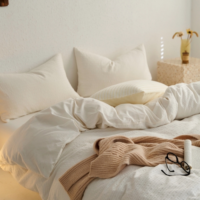 91家纺网 家纺一手货源 找家纺 安莱生活 2023新款 爆款水洗棉提花锦瑟基础款四件套 锦瑟基础款-盐白