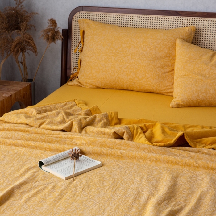 91家纺网 家纺一手货源 找家纺 安莱生活2023新款 双层纱华夫格夏被四件套及单独夏被 华夫格-姜黄