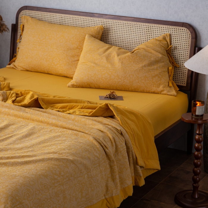 91家纺网 家纺一手货源 找家纺 安莱生活2023新款 双层纱华夫格夏被四件套及单独夏被 华夫格-姜黄