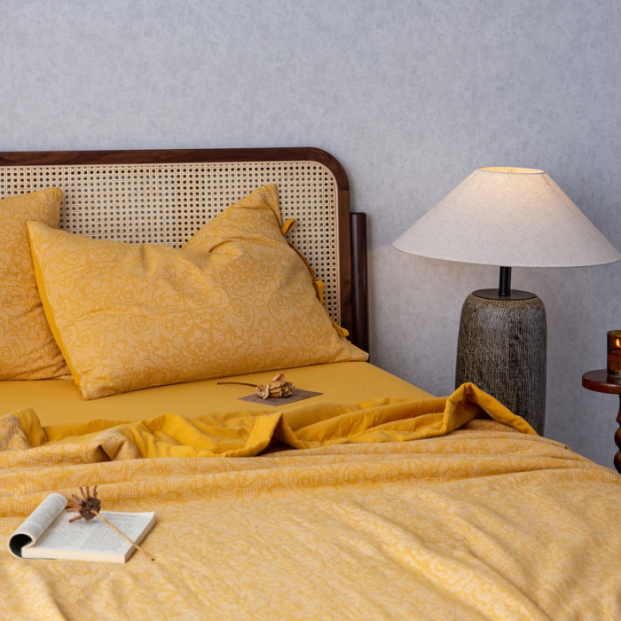 91家纺网 家纺一手货源 找家纺 安莱生活2023新款 双层纱华夫格夏被四件套及单独夏被 华夫格-姜黄