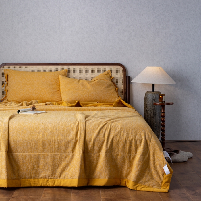 91家纺网 家纺一手货源 找家纺 安莱生活2023新款 双层纱华夫格夏被四件套及单独夏被 华夫格-姜黄