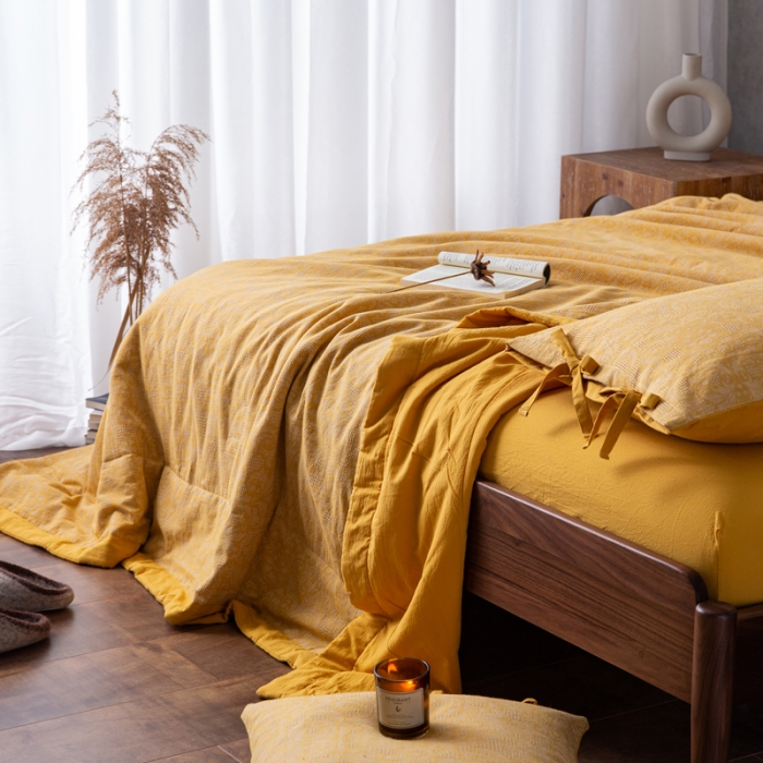 91家纺网 家纺一手货源 找家纺 安莱生活2023新款 双层纱华夫格夏被四件套及单独夏被 华夫格-姜黄