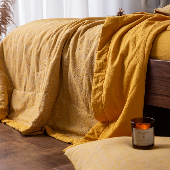 91家纺网 家纺一手货源 找家纺 安莱生活2023新款 双层纱华夫格夏被四件套及单独夏被 华夫格-姜黄