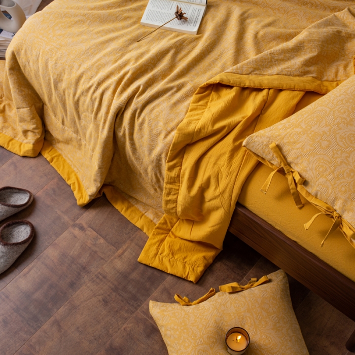 91家纺网 家纺一手货源 找家纺 安莱生活2023新款 双层纱华夫格夏被四件套及单独夏被 华夫格-姜黄