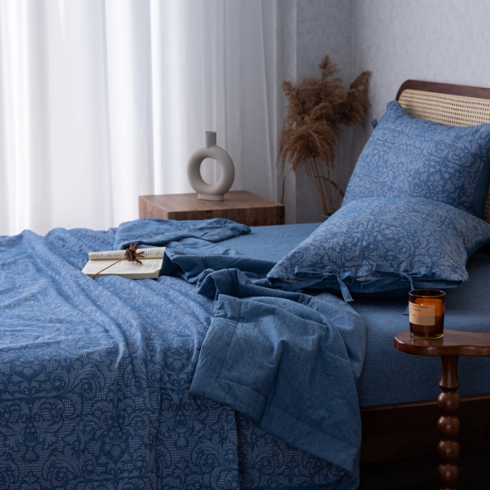 91家纺网 家纺一手货源 找家纺 安莱生活2023新款 双层纱华夫格夏被四件套及单独夏被 华夫格-深蓝