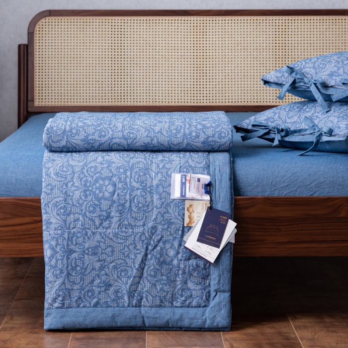91家纺网 家纺一手货源 找家纺 安莱生活2023新款 双层纱华夫格夏被四件套及单独夏被 华夫格-深蓝