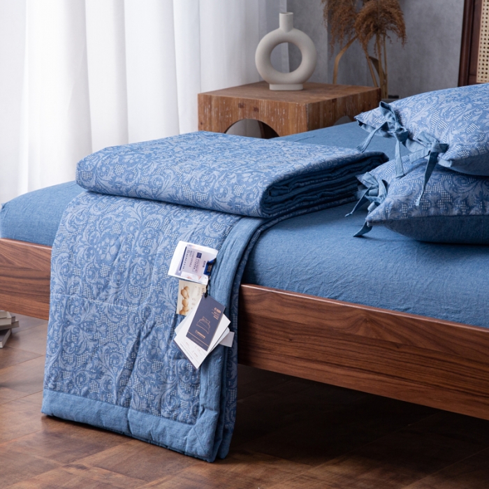 91家纺网 家纺一手货源 找家纺 安莱生活2023新款 双层纱华夫格夏被四件套及单独夏被 华夫格-深蓝